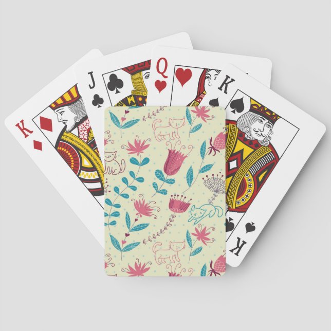 Floral pattern with cartoon cats playing cards (Back)