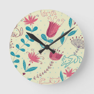 Floral pattern with cartoon cats round clock