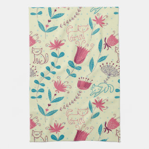 Floral pattern with cartoon cats tea towel