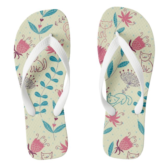 Floral pattern with cartoon cats thongs (Footbed)
