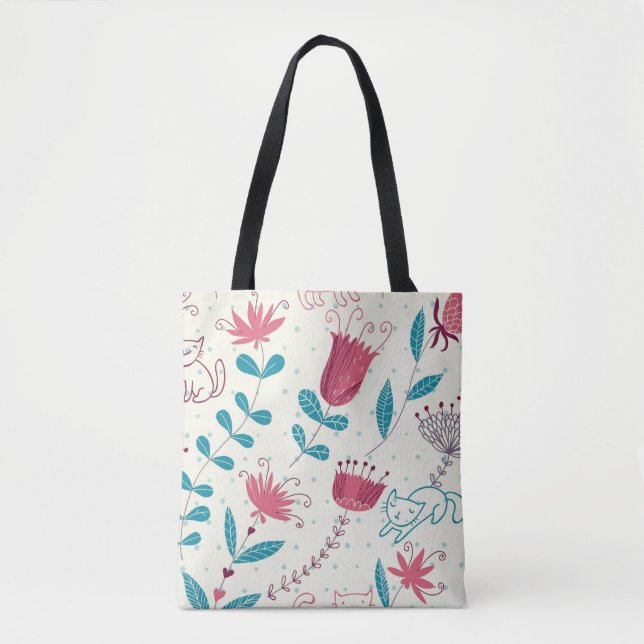 Floral pattern with cartoon cats tote bag (Front)