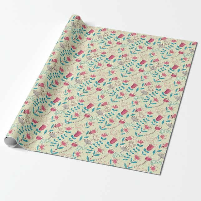 Floral pattern with cartoon cats wrapping paper (Unrolled)
