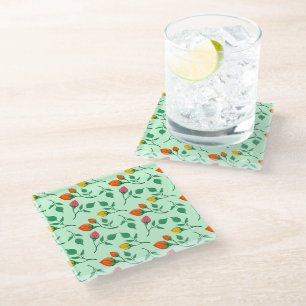 Floral pattern with coloured rose flowers glass coaster