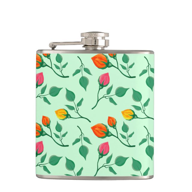 Floral pattern with coloured rose flowers  hip flask (Front)