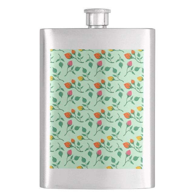 Floral pattern with coloured rose flowers  hip flask (Front)