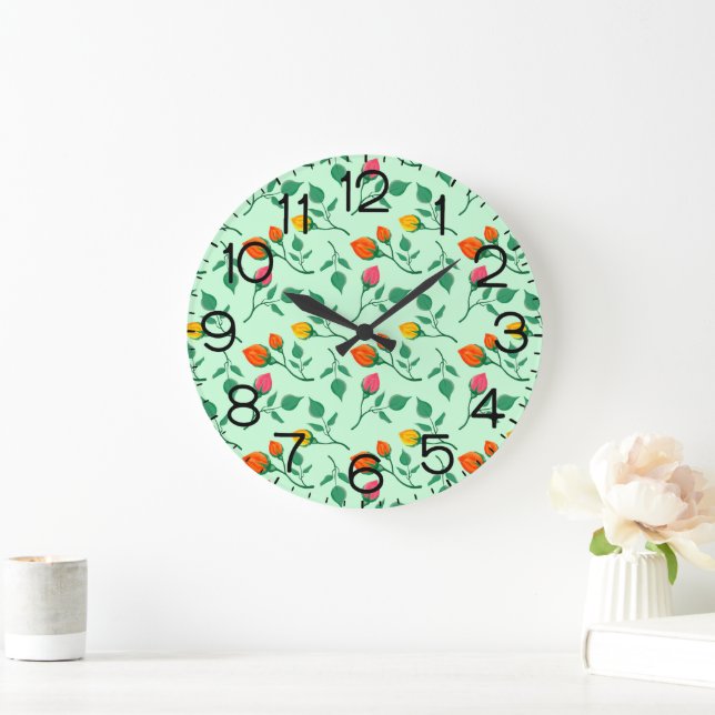 Floral pattern with coloured rose flowers  large clock (Home)