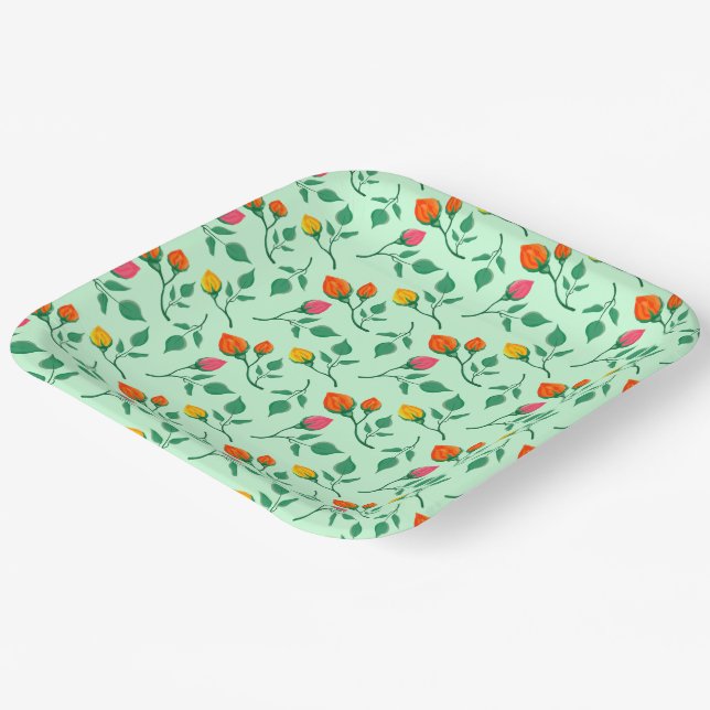 Floral pattern with coloured rose flowers  paper plate (Angled)