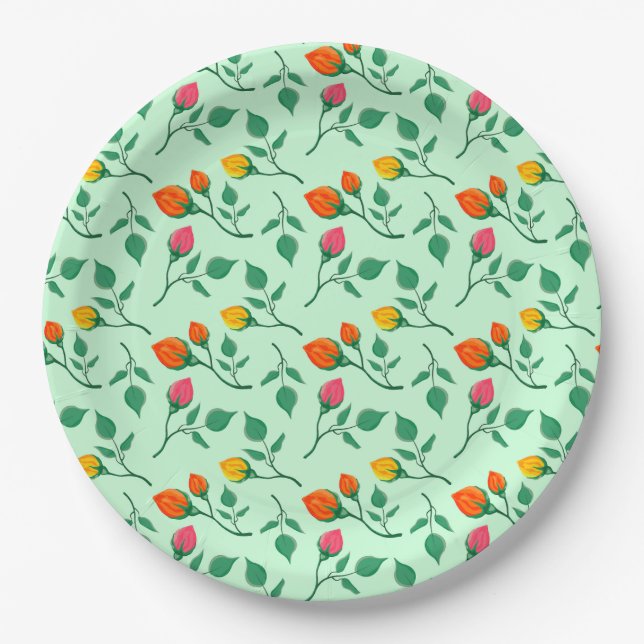 Floral pattern with coloured rose flowers  paper plate (Front)