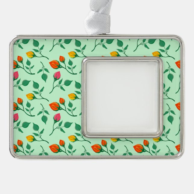 Floral pattern with coloured rose flowers  silver plated framed ornament (Front)