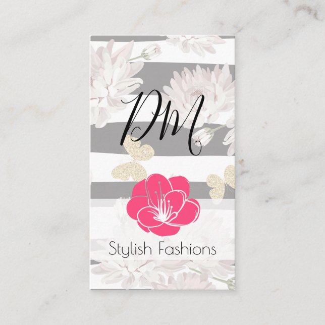 Floral pattern with glittering butterflies business card (Front)