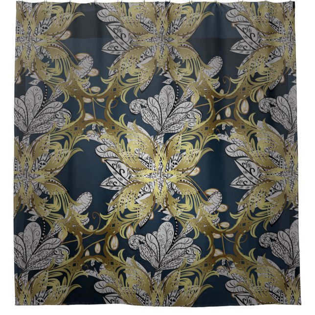 Floral Pattern with Gold Elements Blue Background Shower Curtain (Front)