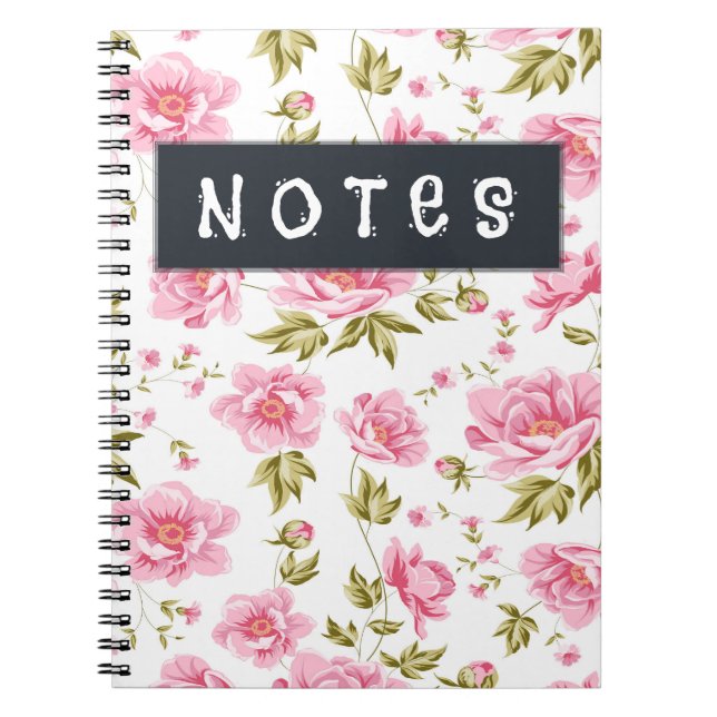 Floral Pattern With Pink Flowers And Green Leaves Notebook (Front)