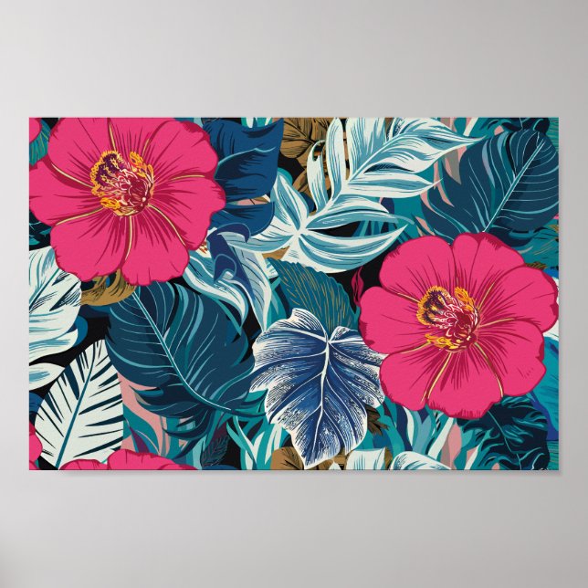 Floral Pattern with Pink Hibiscus and Blue Foliage Poster (Front)