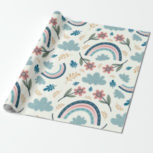 Floral pattern with rainbow and cloud shapes  wrapping paper