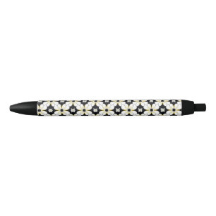 Floral Pattern with White and Yellow Flower Black Ink Pen