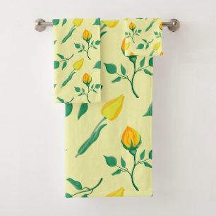 Floral pattern with yellow rose and tulip flowers bath towel set