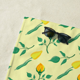 Floral pattern with yellow rose and tulip flowers beach towel