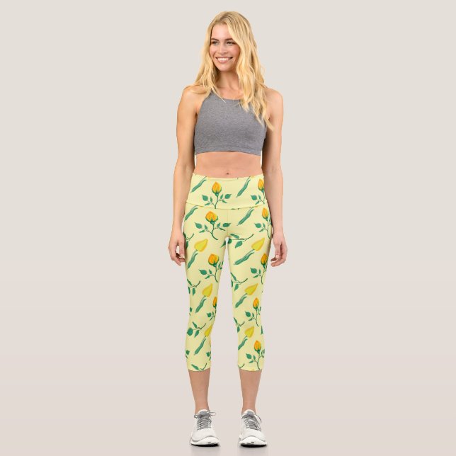 Floral pattern with yellow rose and tulip flowers capri leggings (Front)