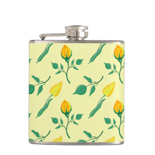Floral pattern with yellow rose and tulip flowers hip flask