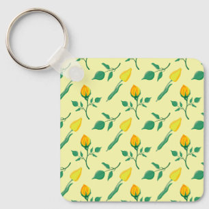 Floral pattern with yellow rose and tulip flowers key ring