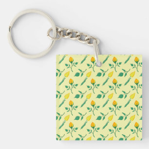 Floral pattern with yellow rose and tulip flowers key ring