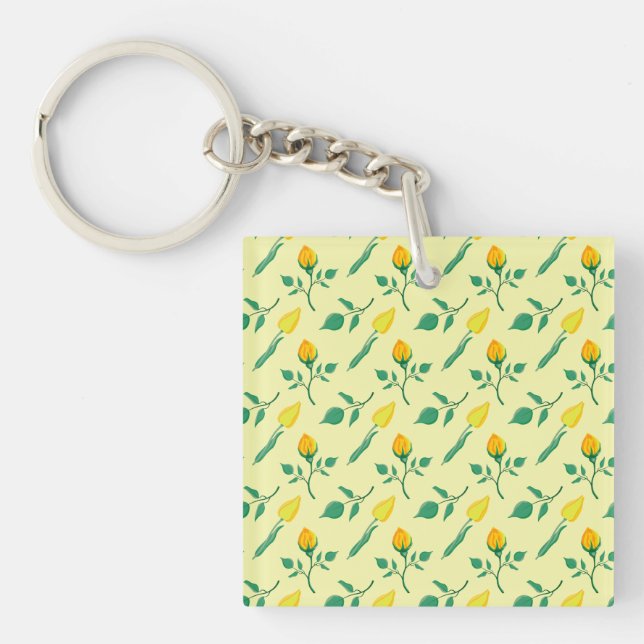 Floral pattern with yellow rose and tulip flowers key ring (Front)