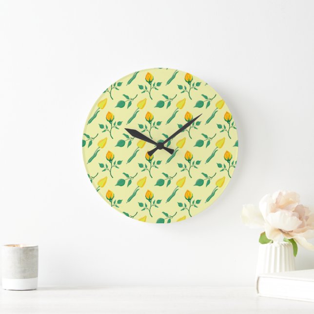 Floral pattern with yellow rose and tulip flowers large clock (Home)