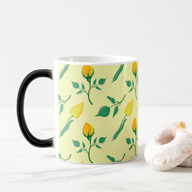 Floral pattern with yellow rose and tulip flowers magic mug (With Donut)