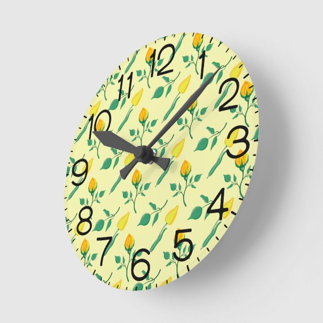 Floral pattern with yellow rose and tulip flowers round clock (Angle)