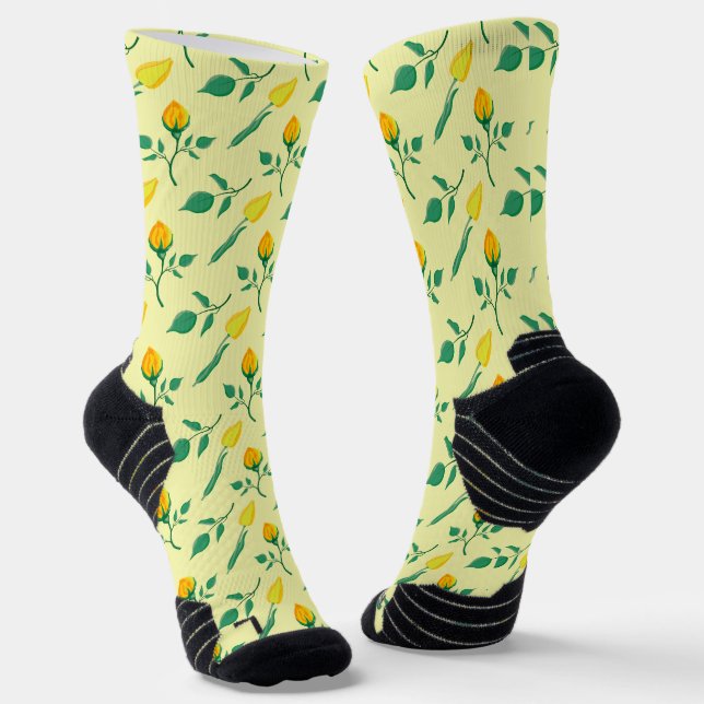 Floral pattern with yellow rose and tulip flowers socks (Angled)