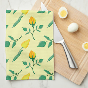 Floral pattern with yellow rose and tulip flowers tea towel