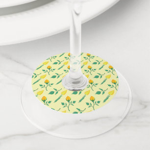 Floral pattern with yellow rose and tulip flowers wine glass tag