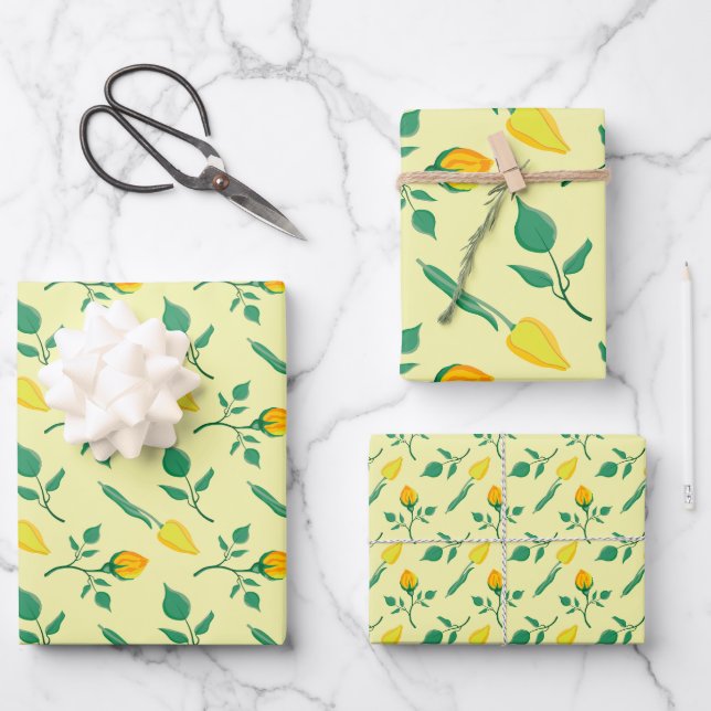 Floral pattern with yellow rose and tulip flowers wrapping paper sheet (Front)