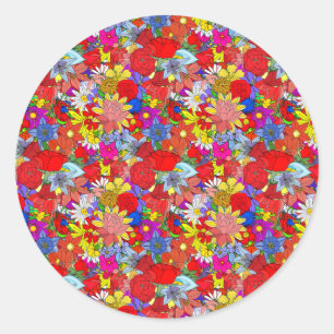 Floral Pattern Yellow Blue Purple Green Red     Classic Round Sticker