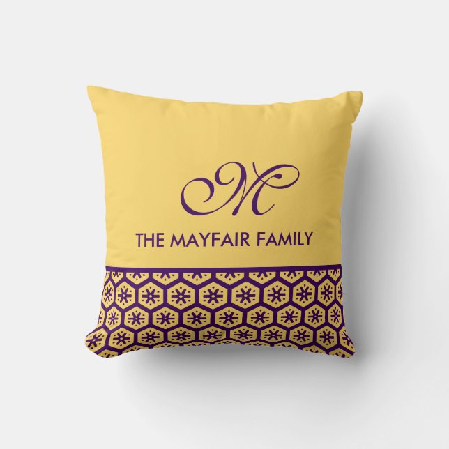 Floral Pattern Yellow Purple Family Monogram Cushion (Front)