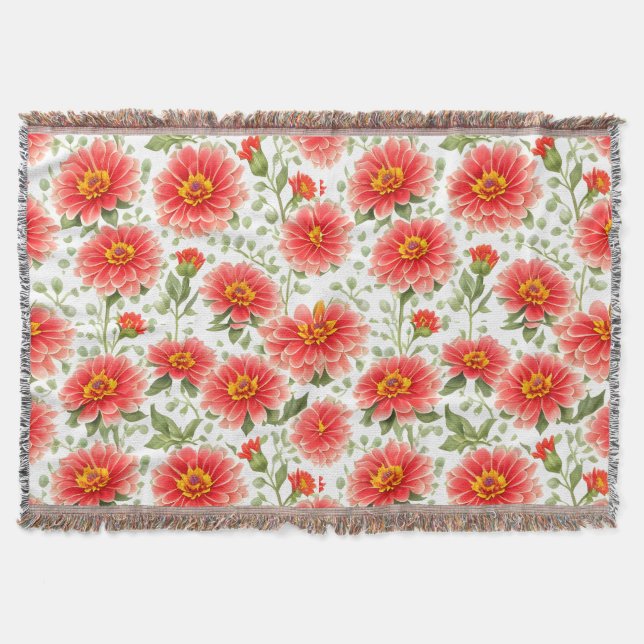 Floral Pattern Zinnia Flowers Throw Blanket (Front)