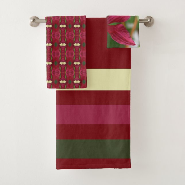 Floral Patterned and Stripes With Burgundy Bath Towel Set (Insitu)