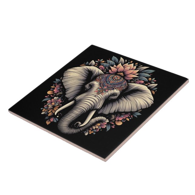 Floral-patterned elephant in nature ceramic tile (Side)