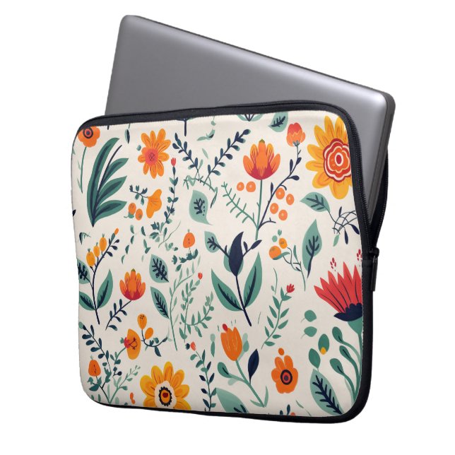 Floral-patterned laptop sleeve with vibrant orange (Front Left)