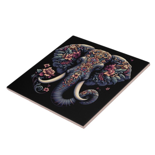 Floral-patterned vibrant elephant ceramic tile (Side)
