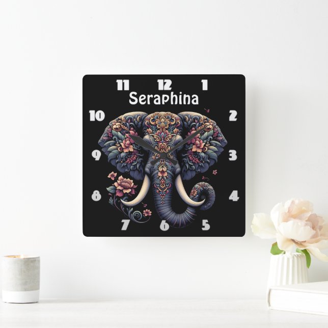 Floral-patterned vibrant elephant square wall clock (Home)