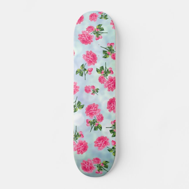 Floral patterns: pink flowers on blue bokeh skateboard (Front)