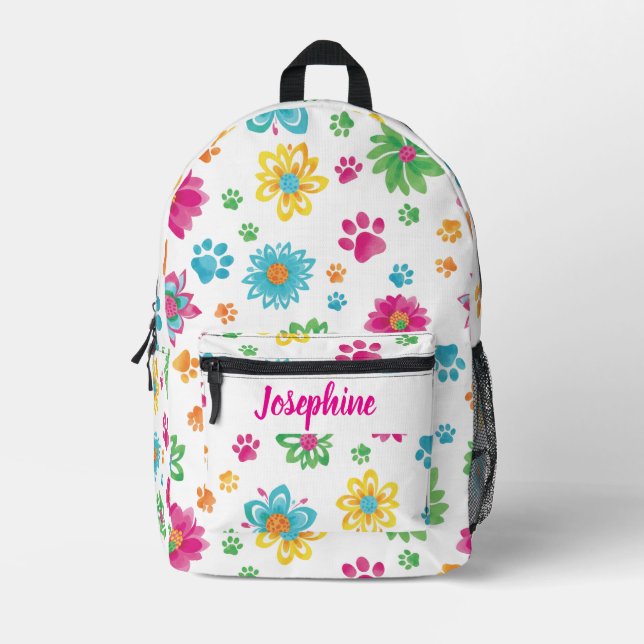 Floral Paw Print Backpack with Custom Name (Front)