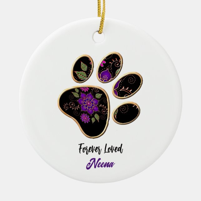 Floral Paw Print Ceramic Ornament (Front)