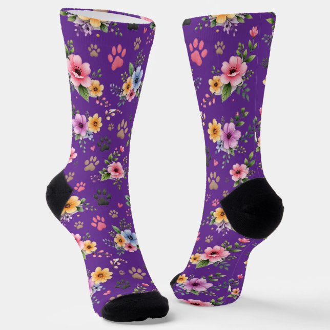 Floral & Paw Print Pattern Socks – Cute Pastel Pet (Angled)