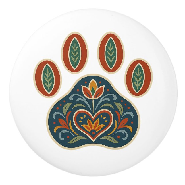 Floral Paw Print Rosemaling Folk Art Ceramic Knob (Front)