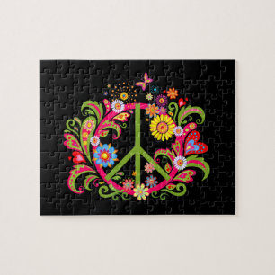 Floral Peace Sign on Black Jigsaw Puzzle