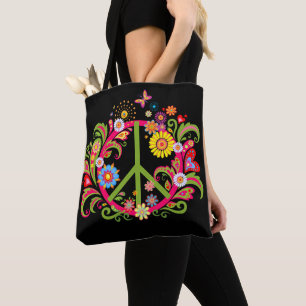 Floral Peace Sign on Black Tote Bag