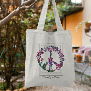 Floral peace sign simple and modern flower power tote bag