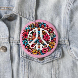 floral peace sign symbol colour illustration art 10 cm round badge